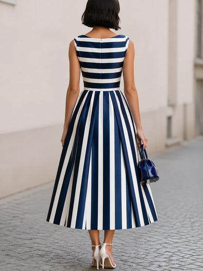 Striped Cowl Neck Midi Dress With Flared Skirt