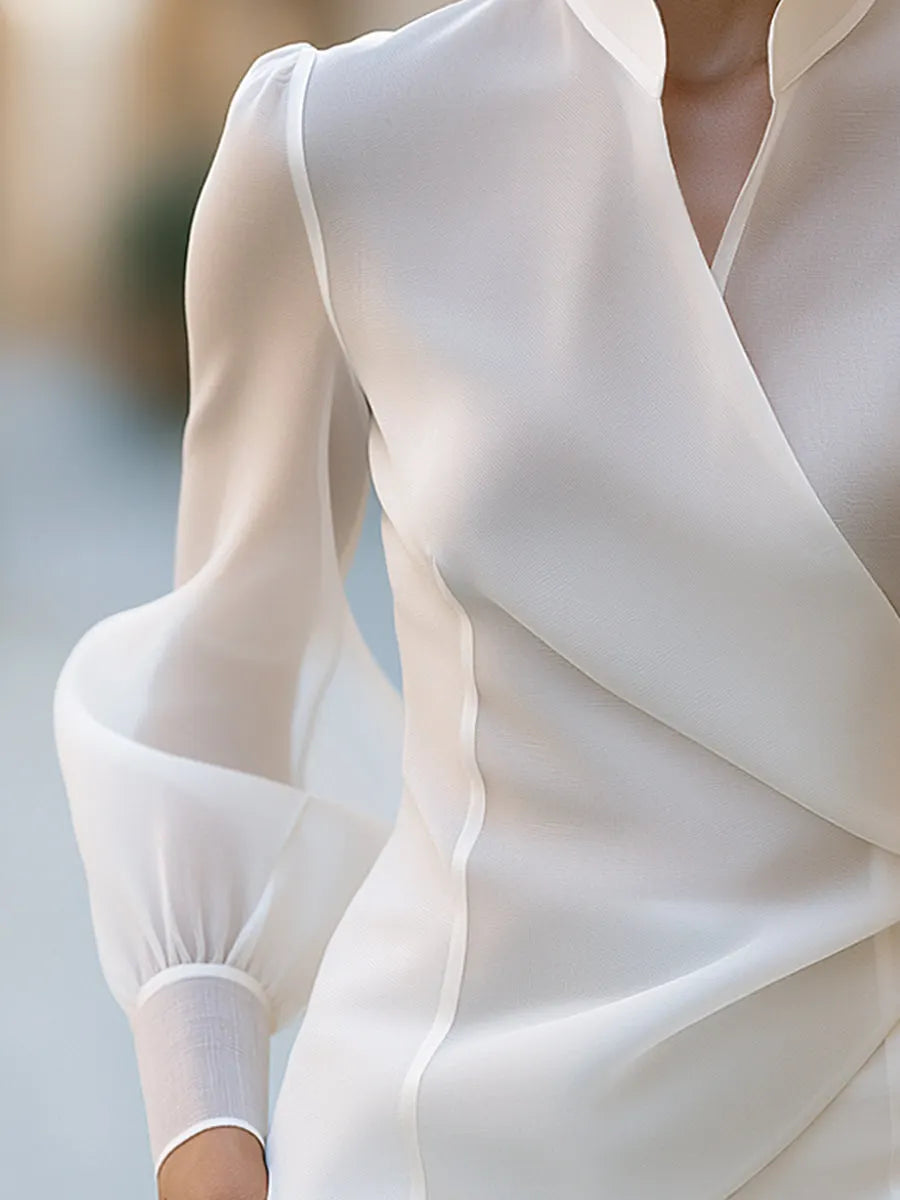 Mandarin Collar Wrap Front Sheer Sleeve Blouse