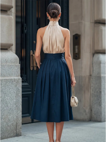Halter-Neck Gathered Bodice Pleated Midi Dress