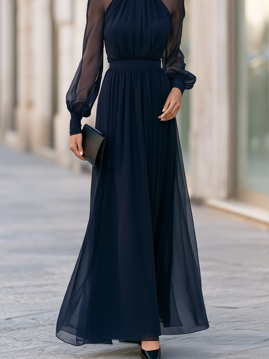 Elegant High Neck Sheer Sleeve Pleated Maxi Dress Draped Silhouette