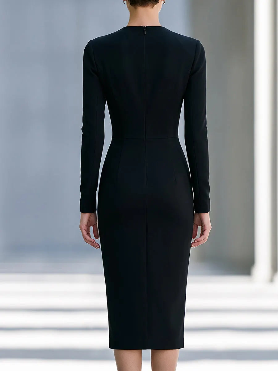 Contrast Lapel Long Sleeve Tailored Midi Dress