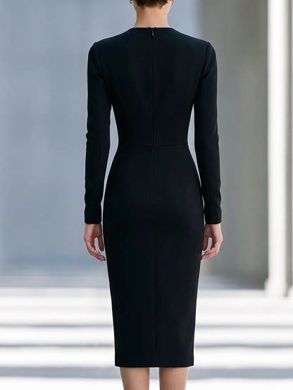 Contrast Lapel Long Sleeve Tailored Midi Dress