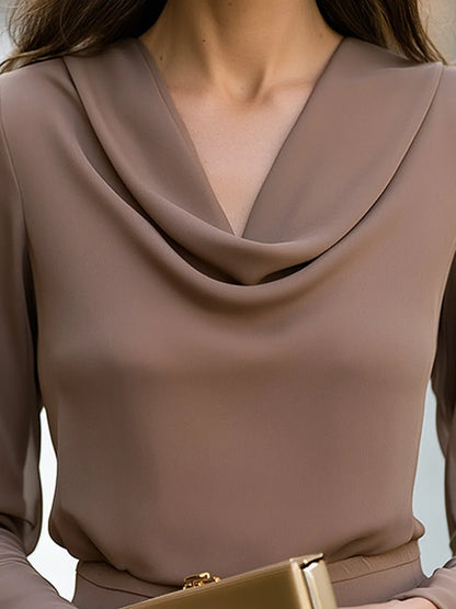 Draped Cowl Neck Flare Sleeve Blouse