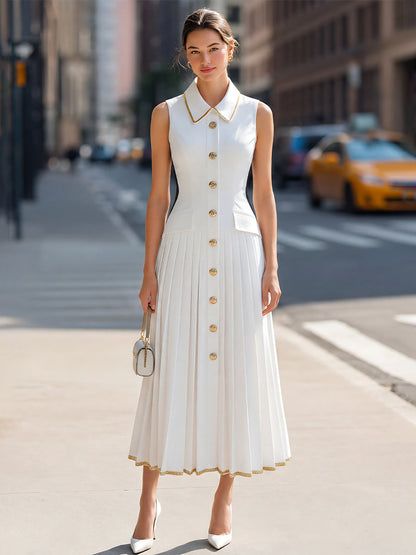 Gold-Trim Button-Front Pleated Midi Dress