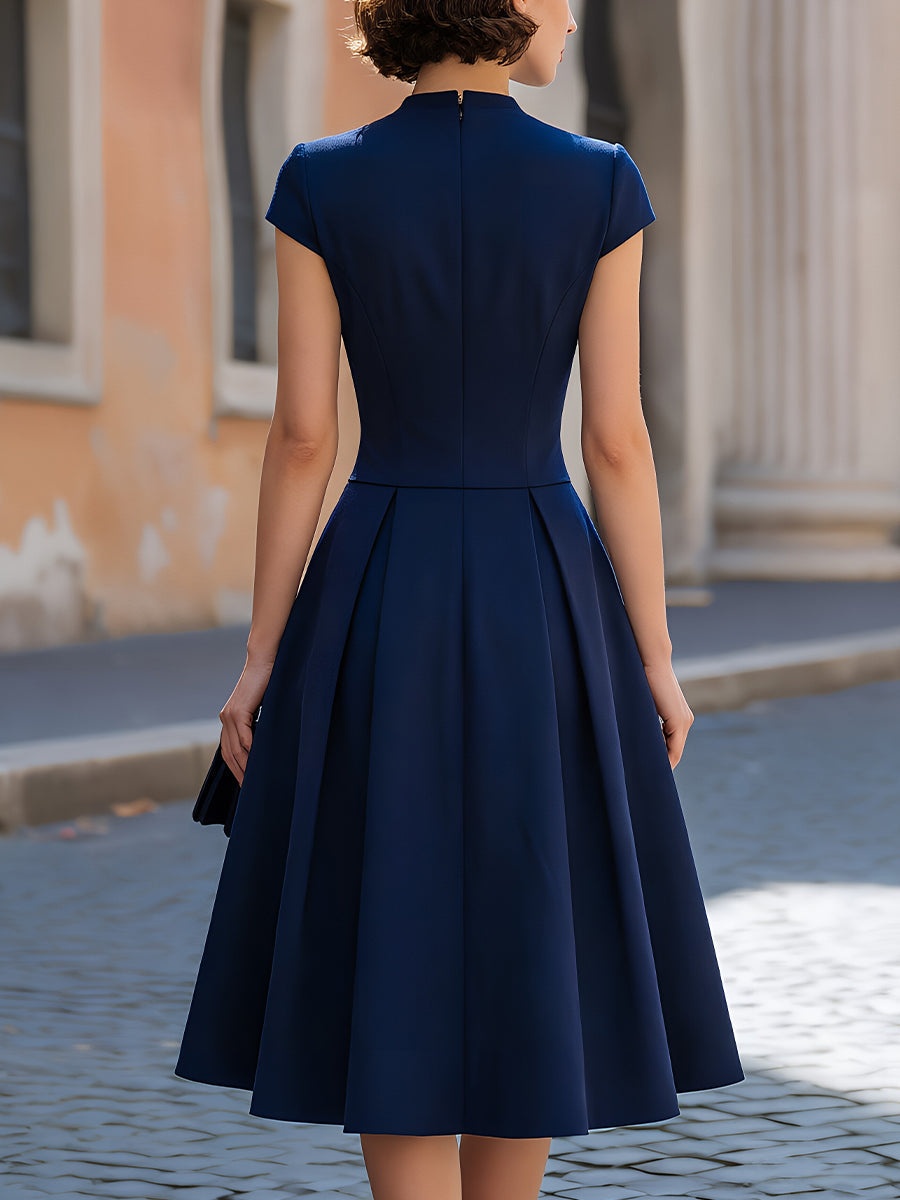 Navy Blue High Neck Cap Sleeve Inverted Pleat A-Line Midi Dress