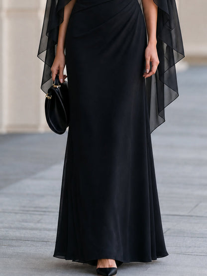 Black Boat Neck Draped Chiffon Cape Sleeve Maxi Formal Evening Gown