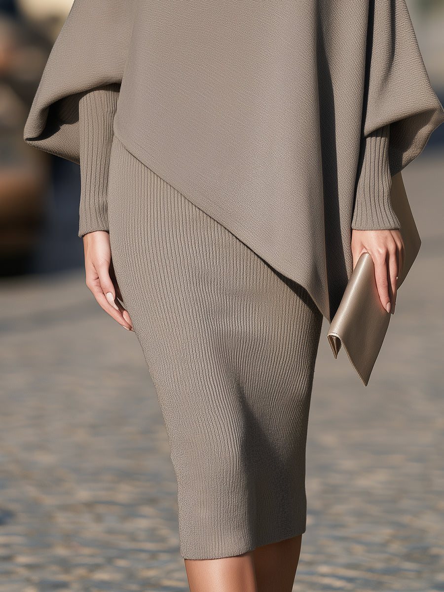 Asymmetric Cape Knit Top Midi Skirt Set