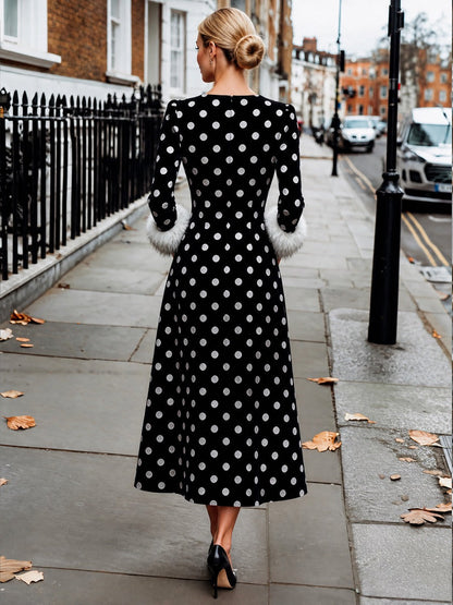 Polka Dot Velvet Fur-Cuff Maxi Dress
