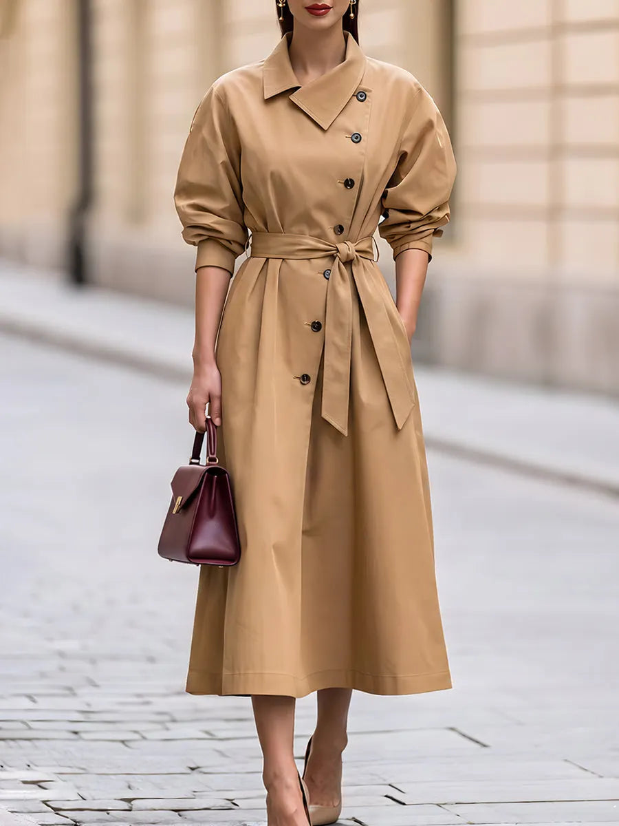 Double Breasted Belted Trench Style Midi Dress
