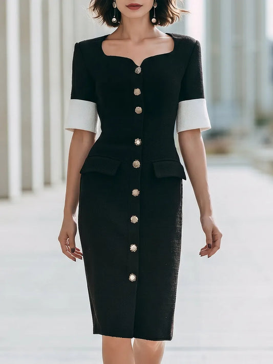 Vestido Tubinho Midi Estruturado com Botões Frontais e Punho Contrastante