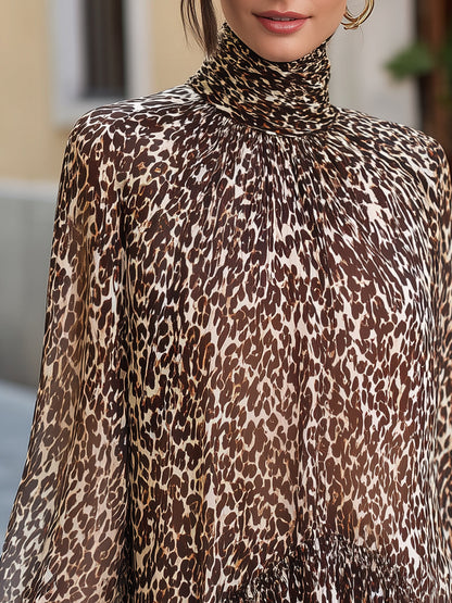 Layered Ruffle Hem Leopard Print Chiffon Blouse