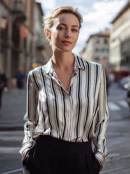 Vertical Stripe Relaxed Button-Up Blouse