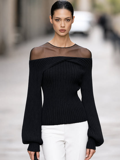 Sheer Mesh Yoke Off-Shoulder Ribbed Knit Sweater