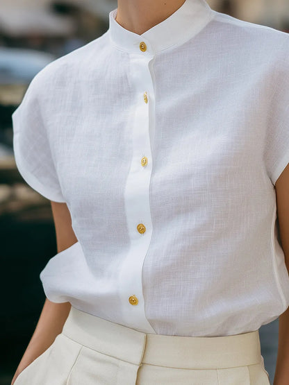 Mandarin Collar Button-Front Cap Sleeve Blouse
