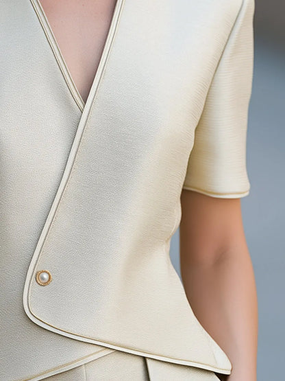 Elegant Wrap-Front Short Sleeve Top With Pearl Button Detail