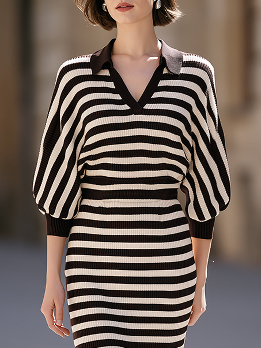 Striped Collared Ribbed Knit Midi Dress