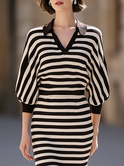 Striped Collared Ribbed Knit Midi Dress