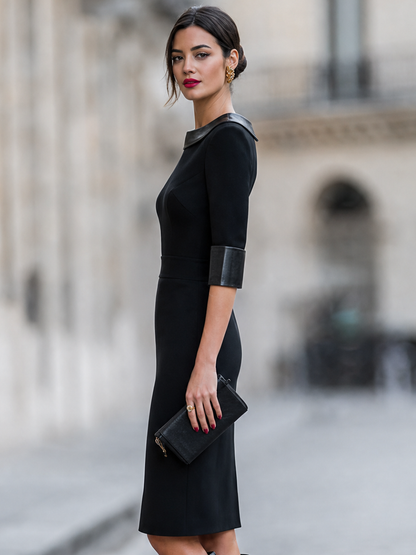 Contrast-Collar Pencil Midi Dress With Cuff Detail