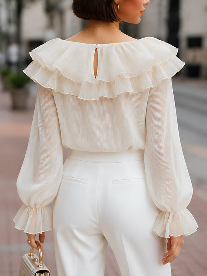 Chiffon Ruffle-Collar Sleeve-Cuff Blouse