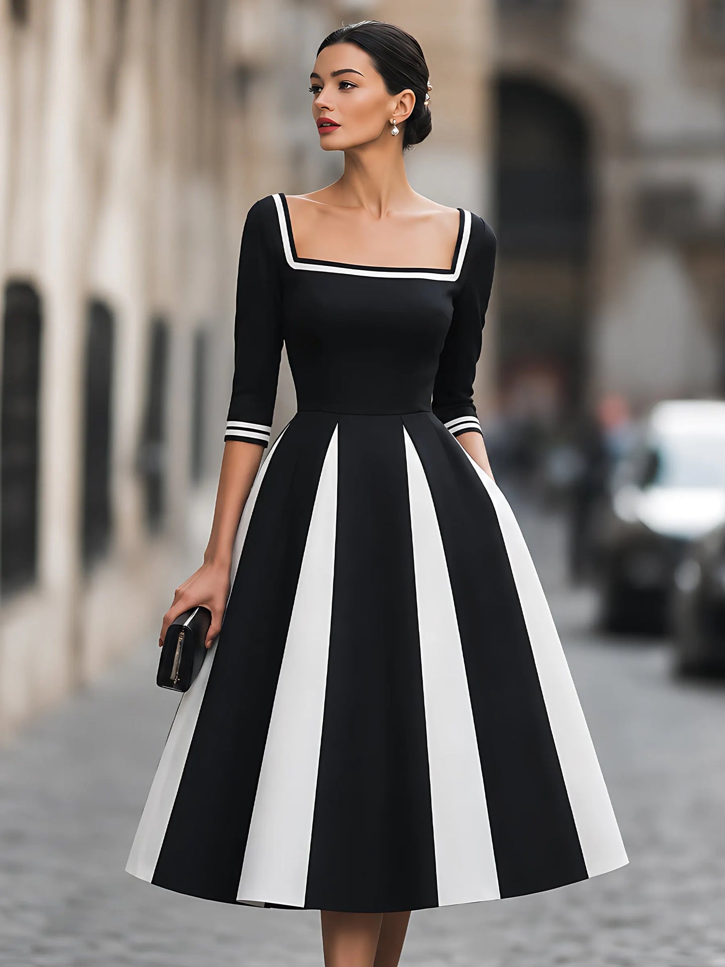 Contrast-Panel Square-Neck A-Line Midi Dress
