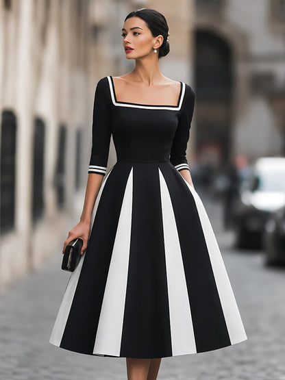 Contrast-Panel Square-Neck A-Line Midi Dress