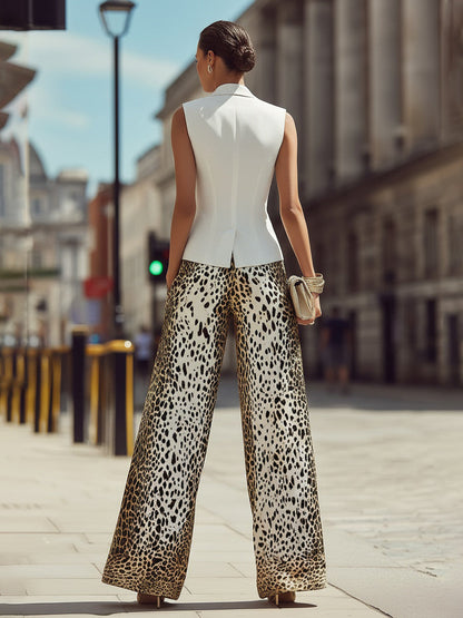 Sleeveless Tailored Vest & Printed Wide-Leg Trouser Set