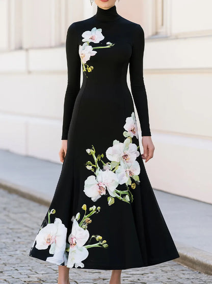 High Neck Long Sleeve Watercolor Orchid Print Flared Maxi Knit Dress