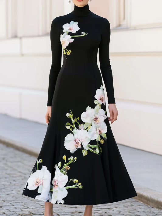 High Neck Long Sleeve Watercolor Orchid Print Flared Maxi Knit Dress