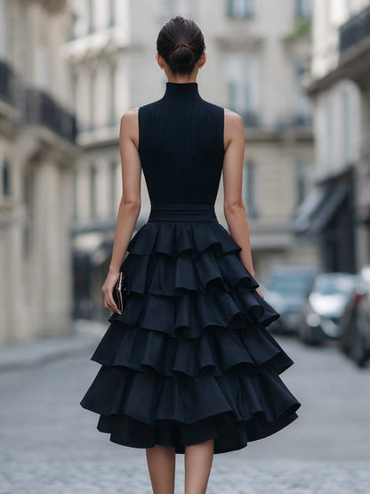 Sleeveless High Neck Tiered Ruffle Midi Dress
