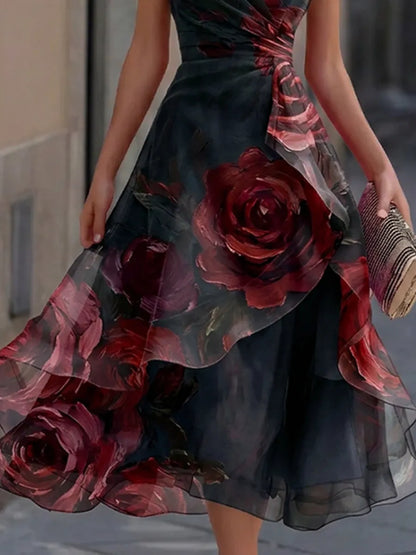 Elegant Watercolor Floral Boat Neck Wrap Waist Layered Organza High-Low Formal Midi Gown