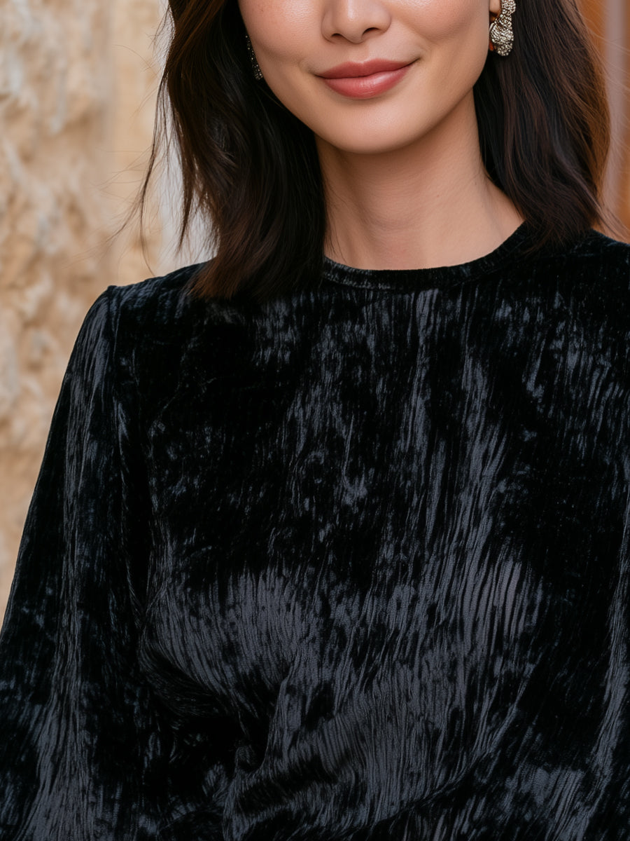 Crushed Velvet Puff-Sleeve Blouse