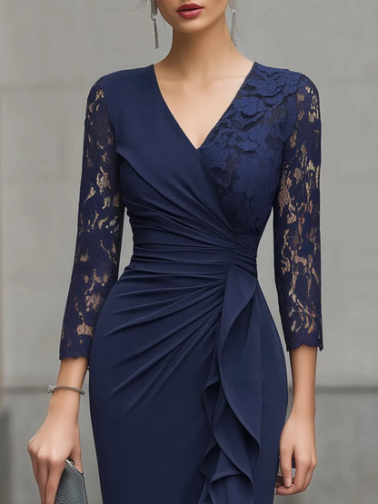 Lace Sleeve Ruched Ruffle Wrap Midi Dress