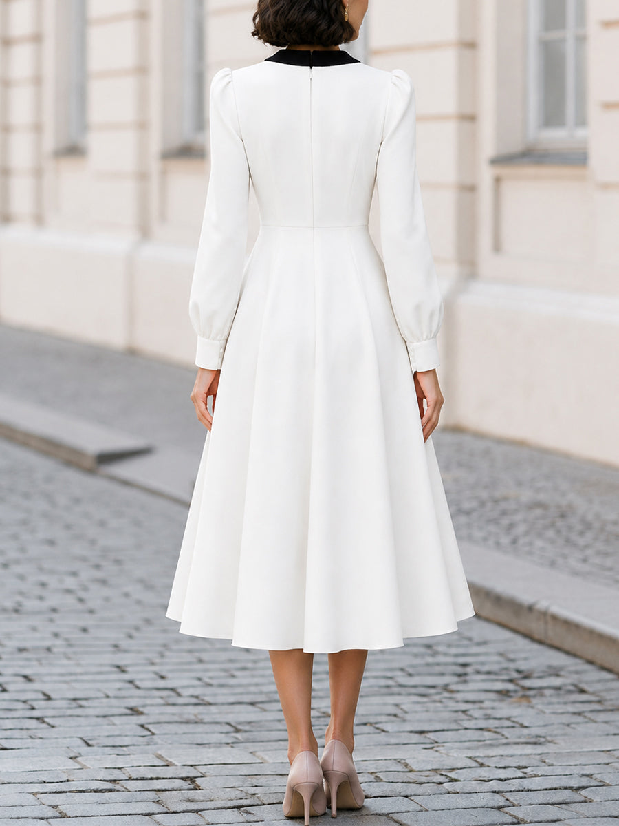 Black Contrast V-Neck Puff Long Sleeve Flared Midi Dress