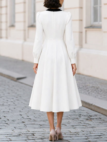 Black Contrast V-Neck Puff Long Sleeve Flared Midi Dress