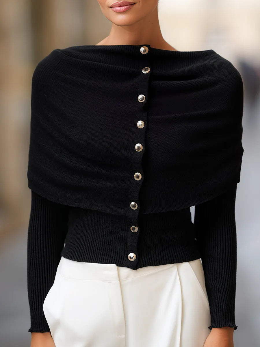 Boat-Neck Button-Down Draped Knit Sweater