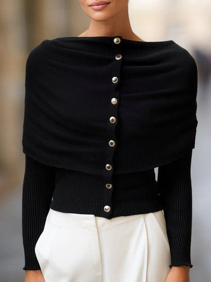 Boat-Neck Button-Down Draped Knit Sweater