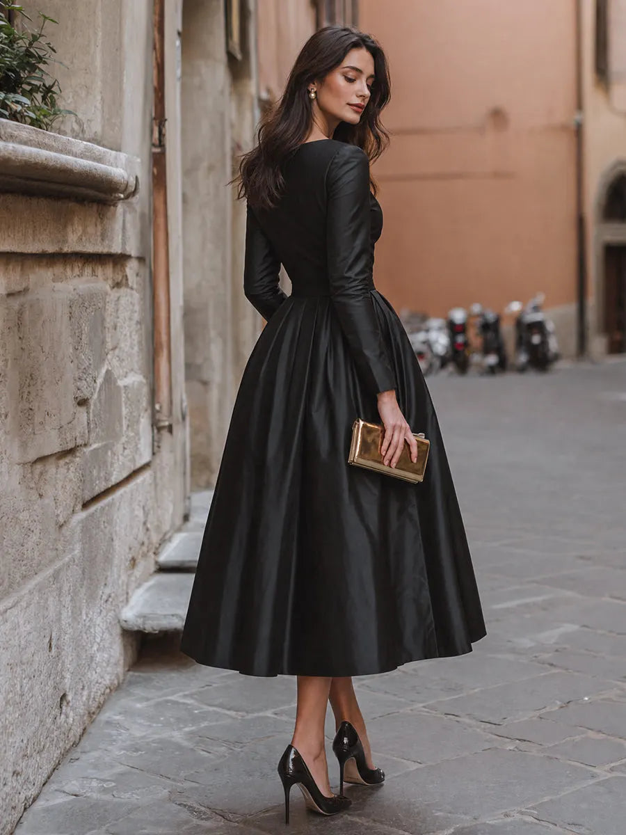 Elegant Long Sleeve Boat Neck A-Line Maxi Dress
