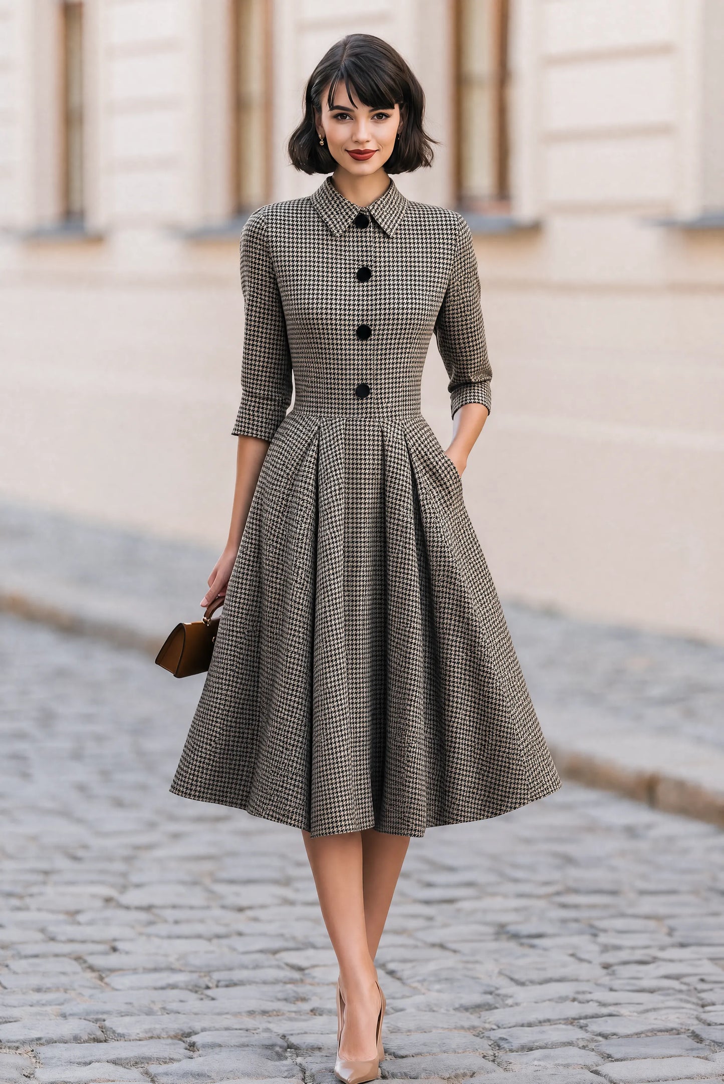 Houndstooth Collared 3/4 Sleeve Button Front A-Line Midi Dress