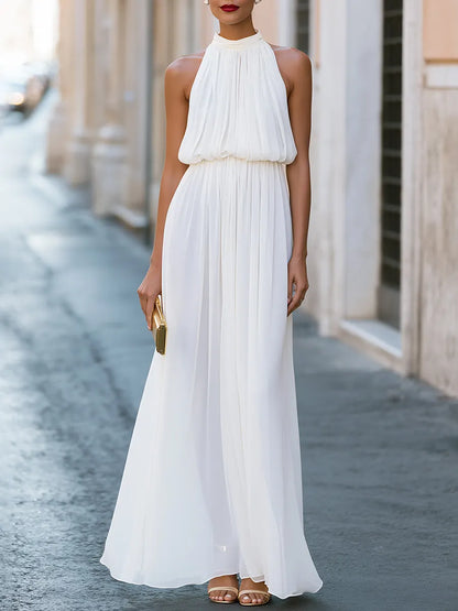 Pleated Halter Neck Ruched Waist Chiffon Maxi Dress