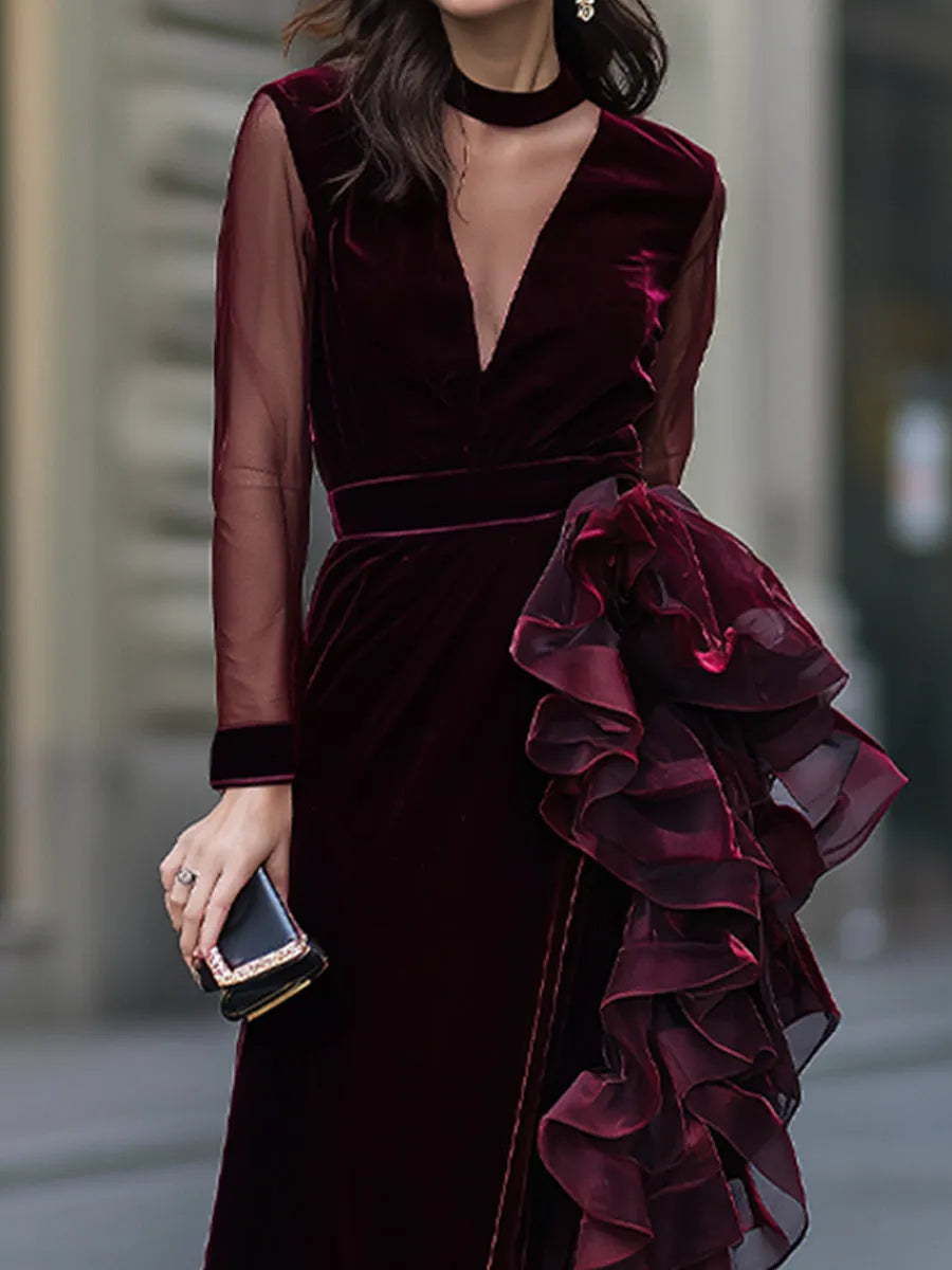 Sheer Sleeve Velvet Cascading Ruffle Evening Gown