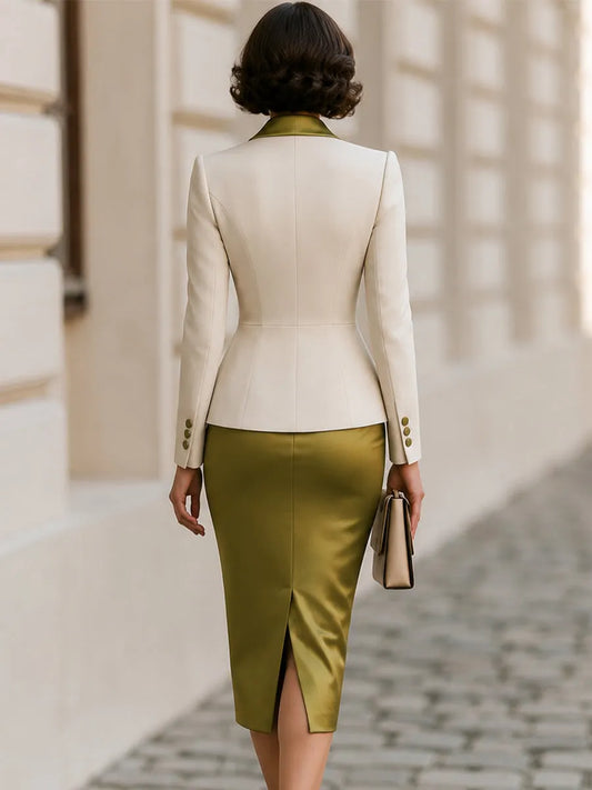 Satin Lapel  Blazer & Midi Pencil Skirt Suit, Mother Of Bride & Wedding Guest Outfit