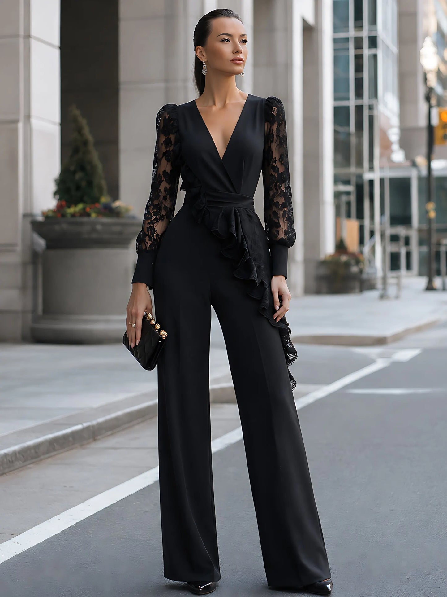 Lace-Sleeve Ruffle Wide-Leg Jumpsuit