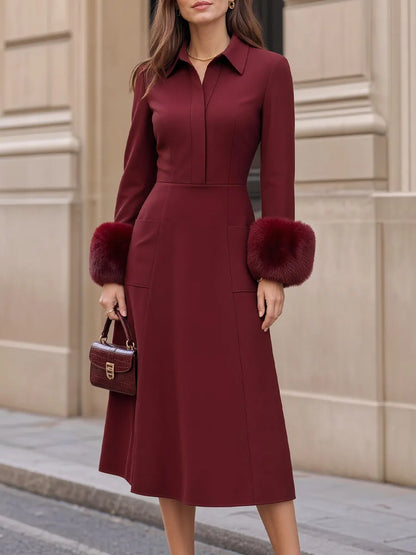 Faux Fur Cuff Shirt Collar Structured Midi Dress