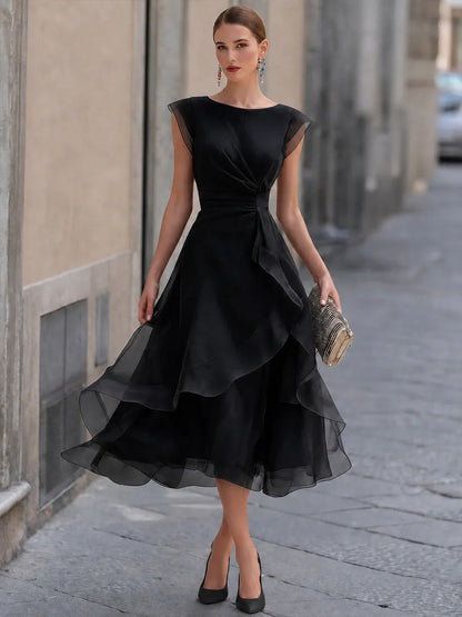 Layered Organza Cap Sleeve A-Line Midi Dress