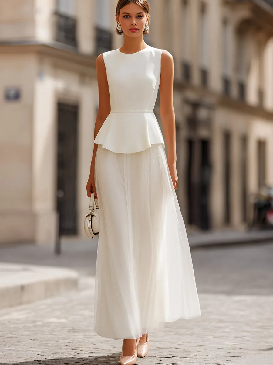 Structured Peplum Bodice Sleeveless Midi Dress With Sheer Skirt