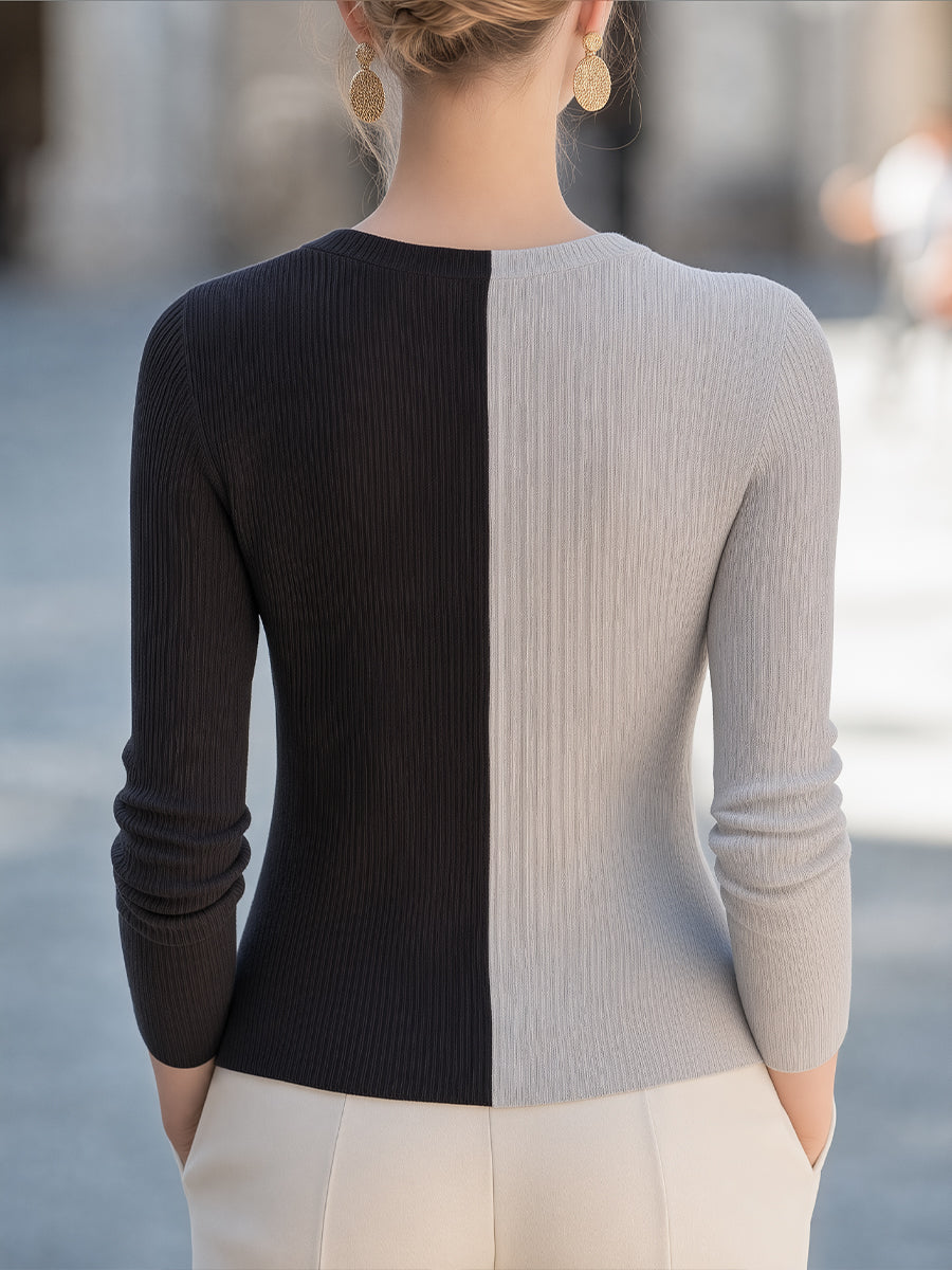 Colorblock Asymmetric Button-Front Ribbed Knit Top