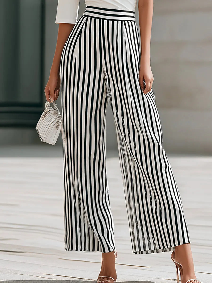 Off-Shoulder Draped Top And Striped Wide-Leg Pants Set