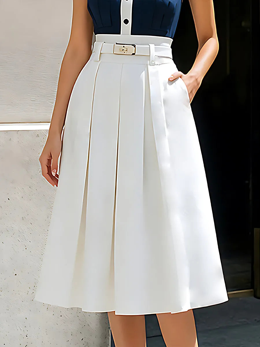 Sleeveless Contrast Bodice Pleated Midi Dress
