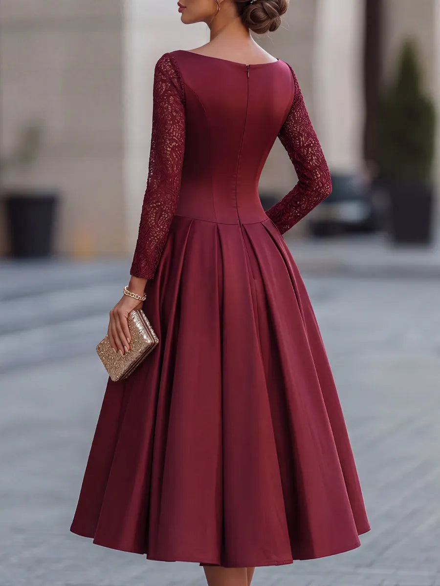 Bateau Neckline Satin Lace Sleeve Midi Dress