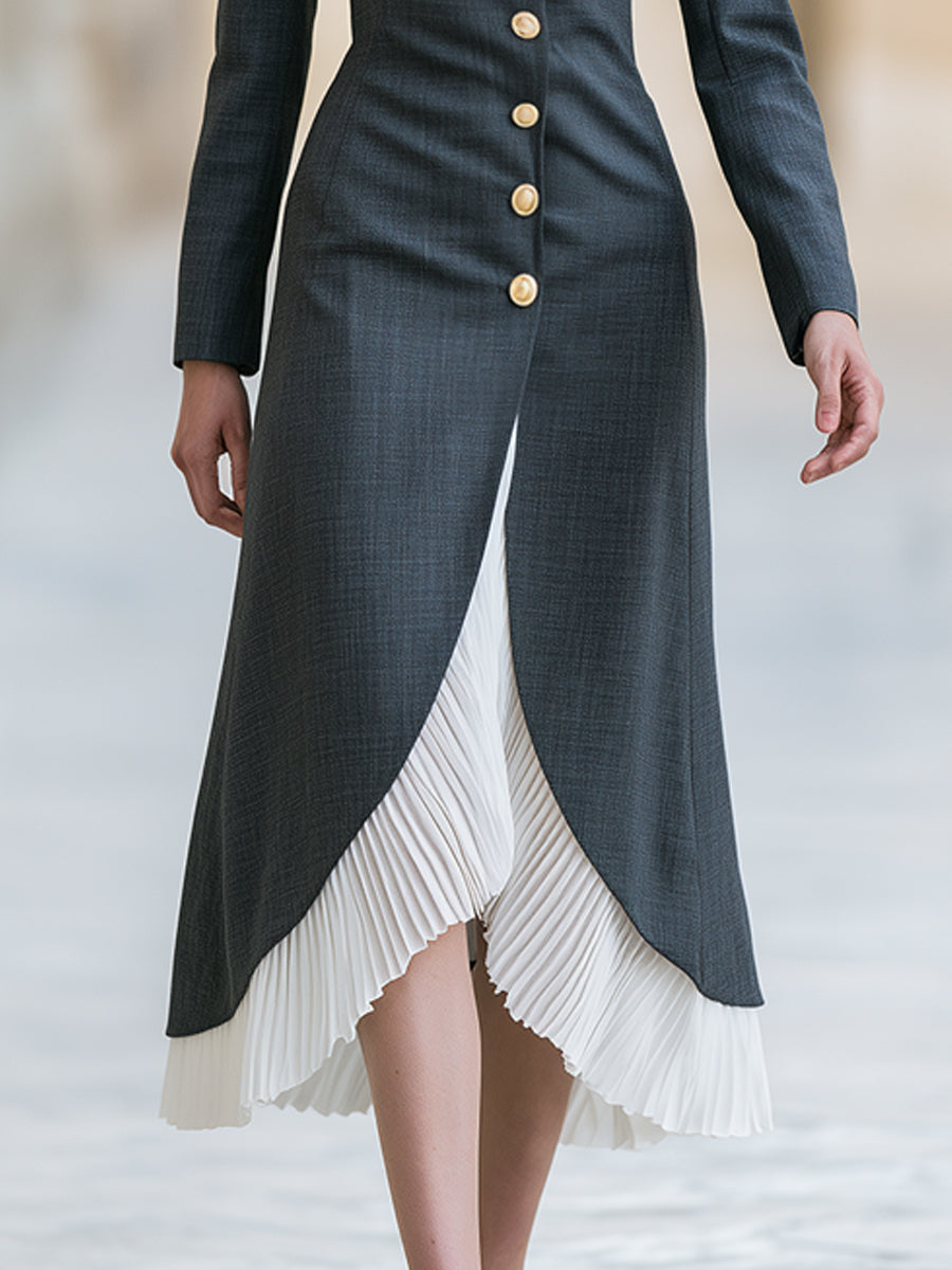 Contrast Lapel Pleated Hem Midi Dress